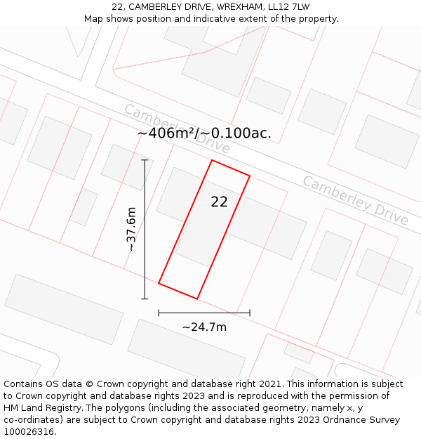 22, CAMBERLEY DRIVE, WREXHAM, LL12 7LW: Plot and title map