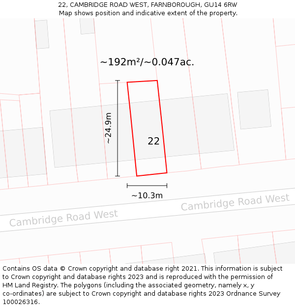 22, CAMBRIDGE ROAD WEST, FARNBOROUGH, GU14 6RW: Plot and title map