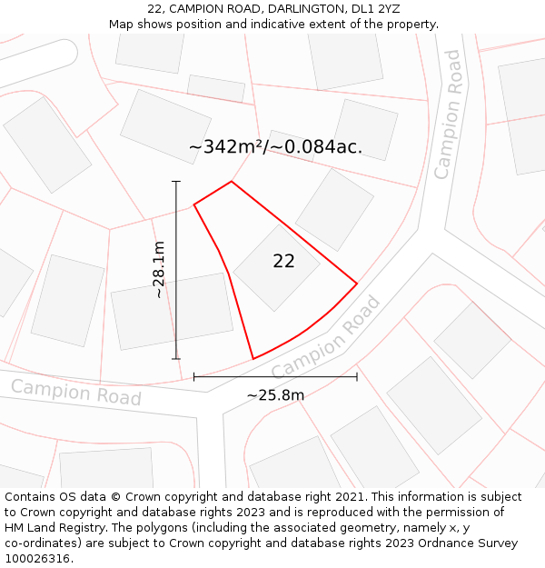 22, CAMPION ROAD, DARLINGTON, DL1 2YZ: Plot and title map