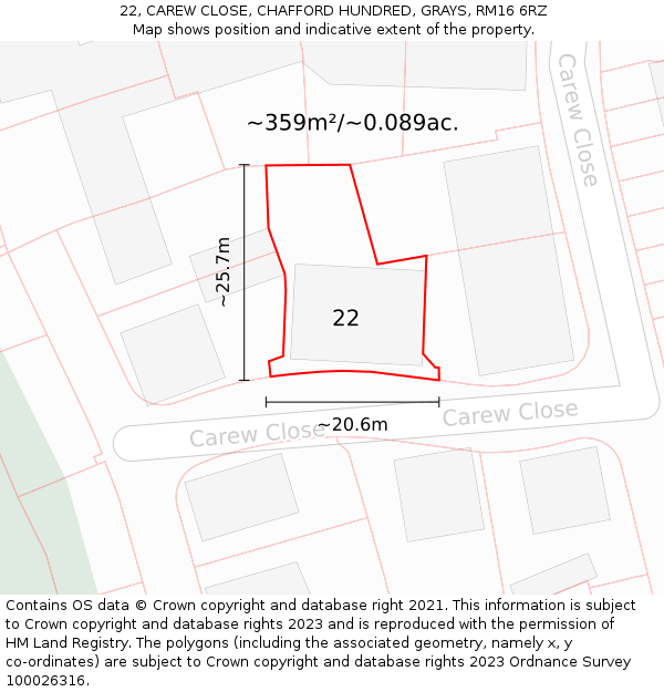 22, CAREW CLOSE, CHAFFORD HUNDRED, GRAYS, RM16 6RZ: Plot and title map