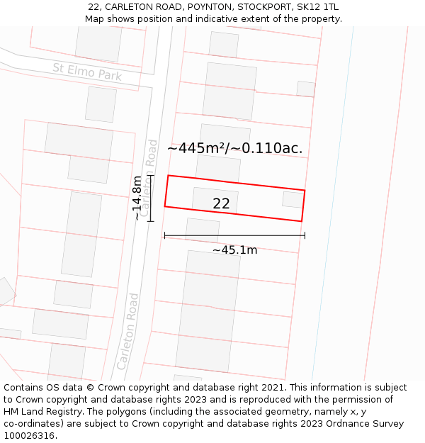 22, CARLETON ROAD, POYNTON, STOCKPORT, SK12 1TL: Plot and title map