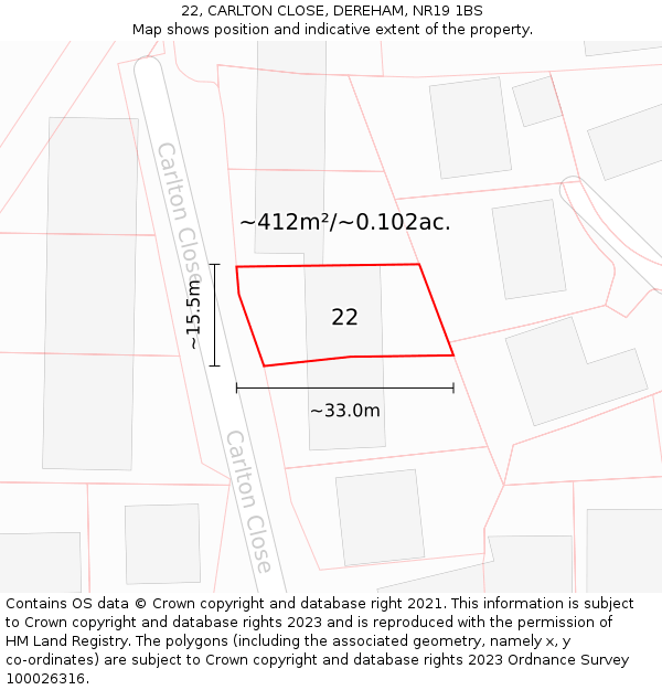 22, CARLTON CLOSE, DEREHAM, NR19 1BS: Plot and title map