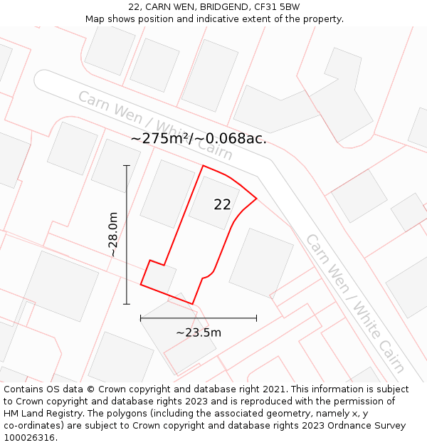 22, CARN WEN, BRIDGEND, CF31 5BW: Plot and title map