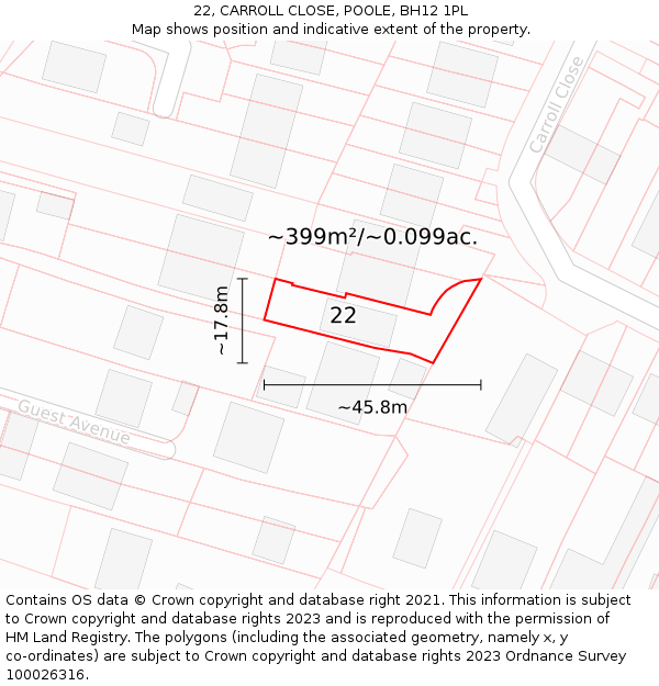 22, CARROLL CLOSE, POOLE, BH12 1PL: Plot and title map