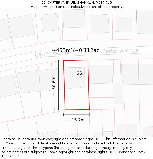 22, CARTER AVENUE, SHANKLIN, PO37 7LG: Plot and title map