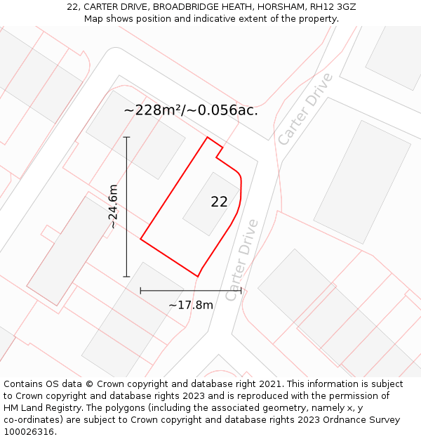 22, CARTER DRIVE, BROADBRIDGE HEATH, HORSHAM, RH12 3GZ: Plot and title map