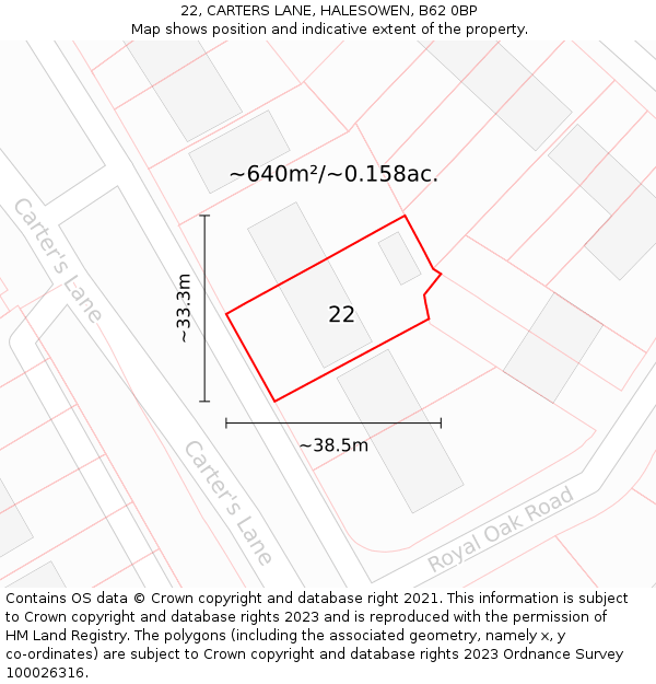 22, CARTERS LANE, HALESOWEN, B62 0BP: Plot and title map