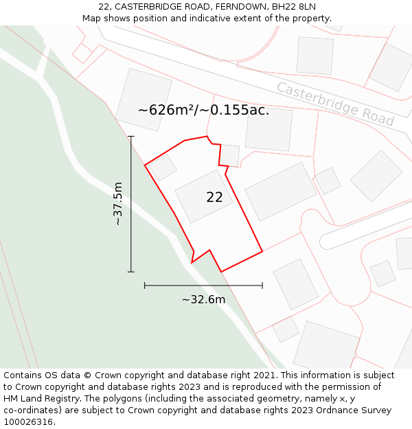 22, CASTERBRIDGE ROAD, FERNDOWN, BH22 8LN: Plot and title map