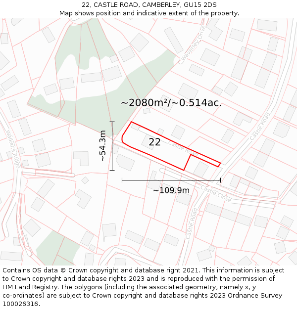 22, CASTLE ROAD, CAMBERLEY, GU15 2DS: Plot and title map