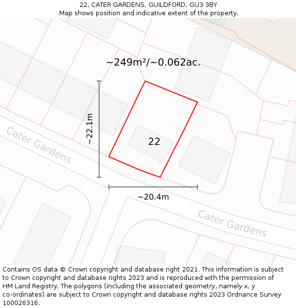 22, CATER GARDENS, GUILDFORD, GU3 3BY: Plot and title map