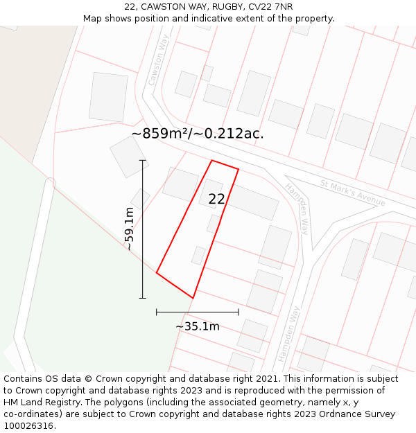 22, CAWSTON WAY, RUGBY, CV22 7NR: Plot and title map