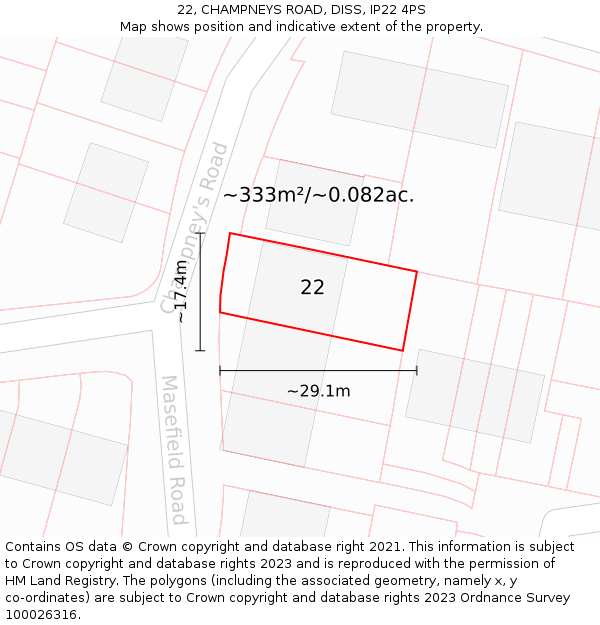 22, CHAMPNEYS ROAD, DISS, IP22 4PS: Plot and title map