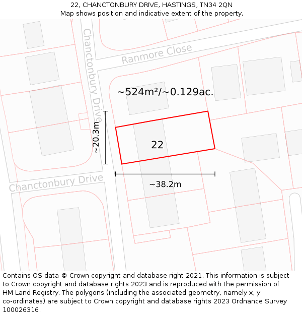 22, CHANCTONBURY DRIVE, HASTINGS, TN34 2QN: Plot and title map