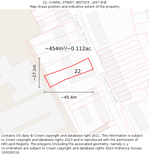 22, CHAPEL STREET, IBSTOCK, LE67 6HE: Plot and title map