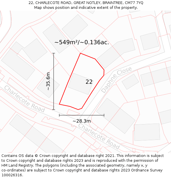 22, CHARLECOTE ROAD, GREAT NOTLEY, BRAINTREE, CM77 7YQ: Plot and title map