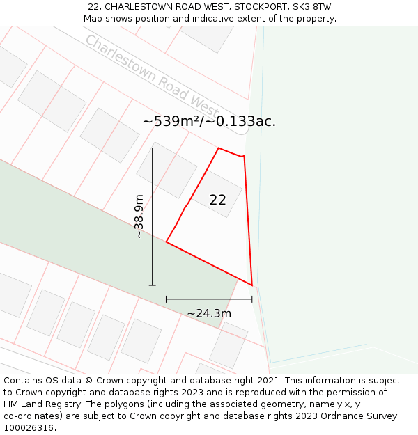 22, CHARLESTOWN ROAD WEST, STOCKPORT, SK3 8TW: Plot and title map