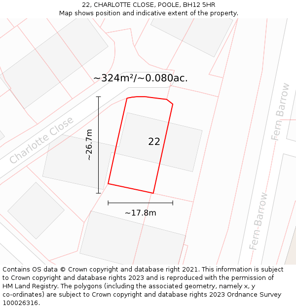 22, CHARLOTTE CLOSE, POOLE, BH12 5HR: Plot and title map