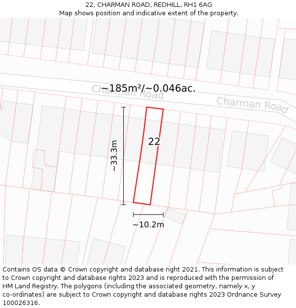 22, CHARMAN ROAD, REDHILL, RH1 6AG: Plot and title map