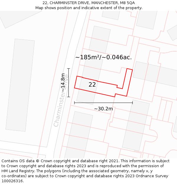 22, CHARMINSTER DRIVE, MANCHESTER, M8 5QA: Plot and title map