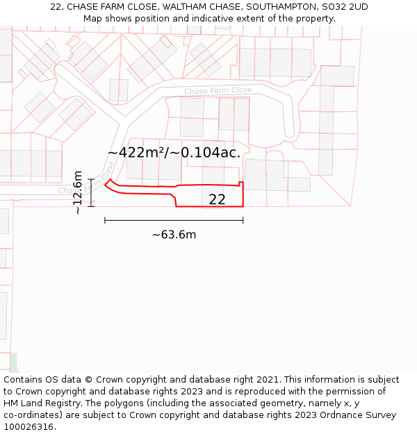 22, CHASE FARM CLOSE, WALTHAM CHASE, SOUTHAMPTON, SO32 2UD: Plot and title map