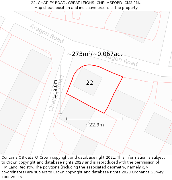 22, CHATLEY ROAD, GREAT LEIGHS, CHELMSFORD, CM3 1NU: Plot and title map