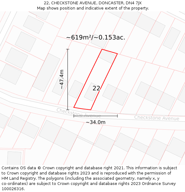 22, CHECKSTONE AVENUE, DONCASTER, DN4 7JX: Plot and title map