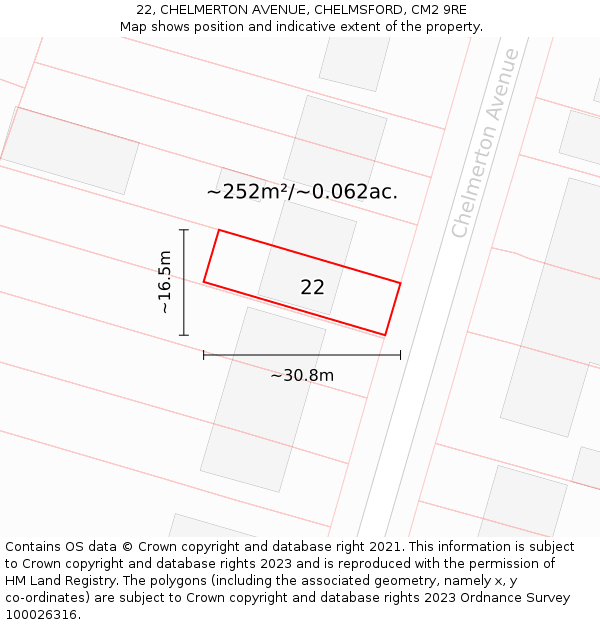 22, CHELMERTON AVENUE, CHELMSFORD, CM2 9RE: Plot and title map