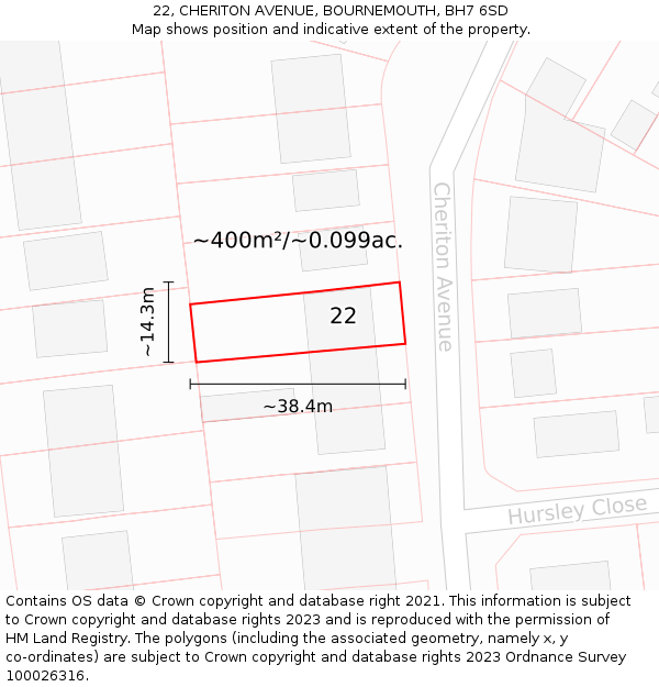 22, CHERITON AVENUE, BOURNEMOUTH, BH7 6SD: Plot and title map