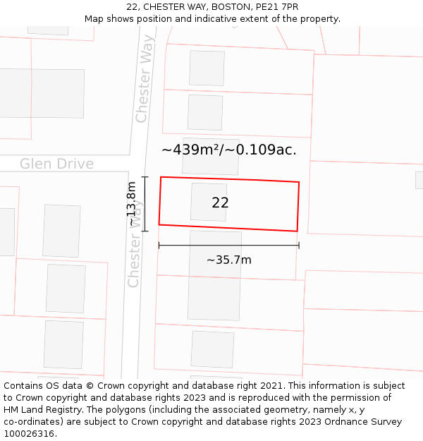 22, CHESTER WAY, BOSTON, PE21 7PR: Plot and title map