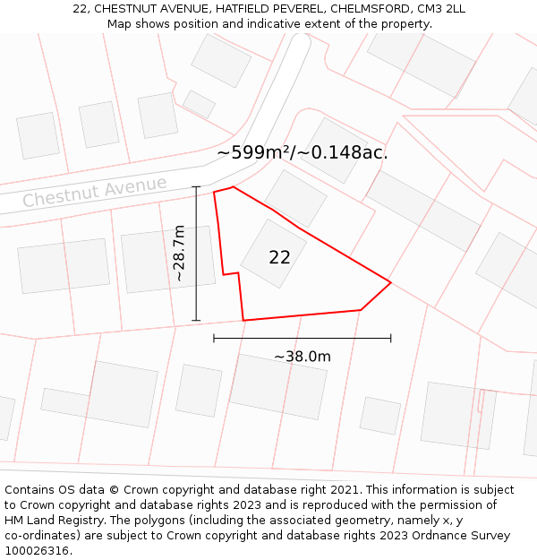 22, CHESTNUT AVENUE, HATFIELD PEVEREL, CHELMSFORD, CM3 2LL: Plot and title map