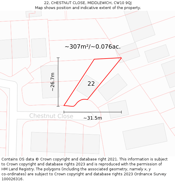 22, CHESTNUT CLOSE, MIDDLEWICH, CW10 9QJ: Plot and title map