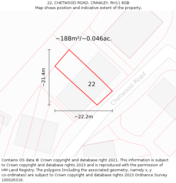 22, CHETWOOD ROAD, CRAWLEY, RH11 8GB: Plot and title map