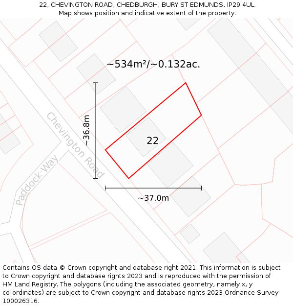 22, CHEVINGTON ROAD, CHEDBURGH, BURY ST EDMUNDS, IP29 4UL: Plot and title map