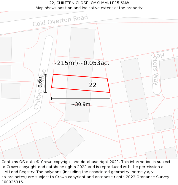 22, CHILTERN CLOSE, OAKHAM, LE15 6NW: Plot and title map