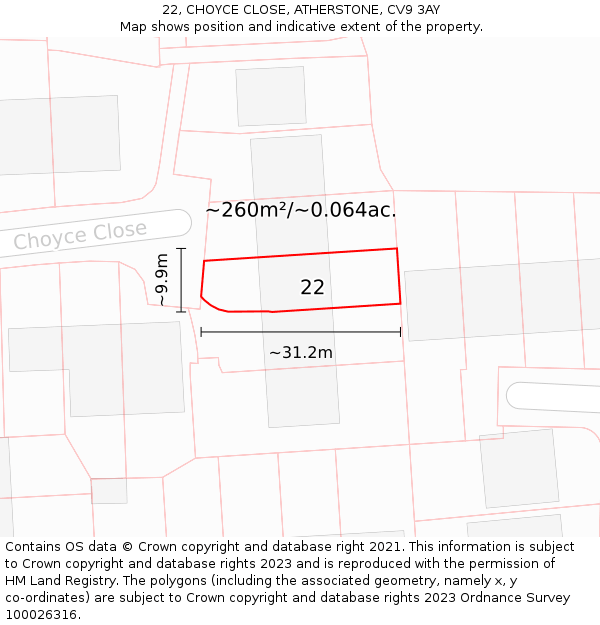 22, CHOYCE CLOSE, ATHERSTONE, CV9 3AY: Plot and title map