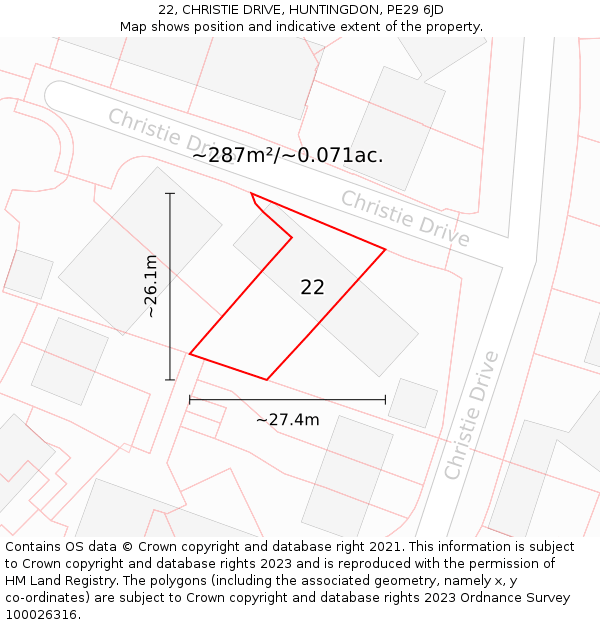 22, CHRISTIE DRIVE, HUNTINGDON, PE29 6JD: Plot and title map