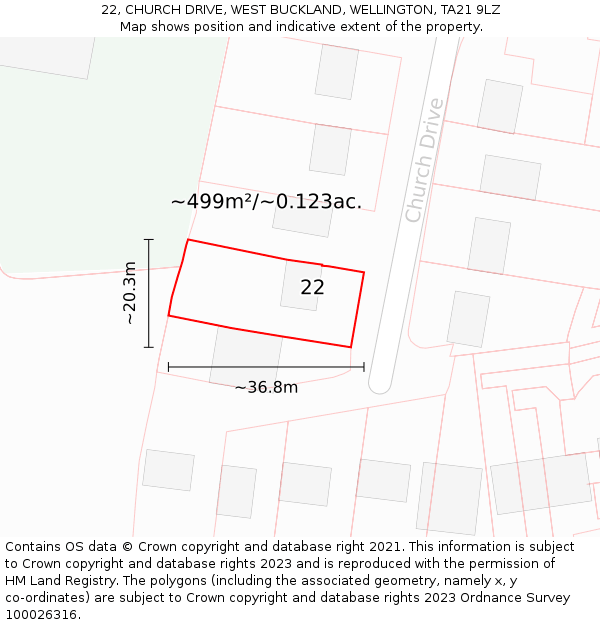 22, CHURCH DRIVE, WEST BUCKLAND, WELLINGTON, TA21 9LZ: Plot and title map