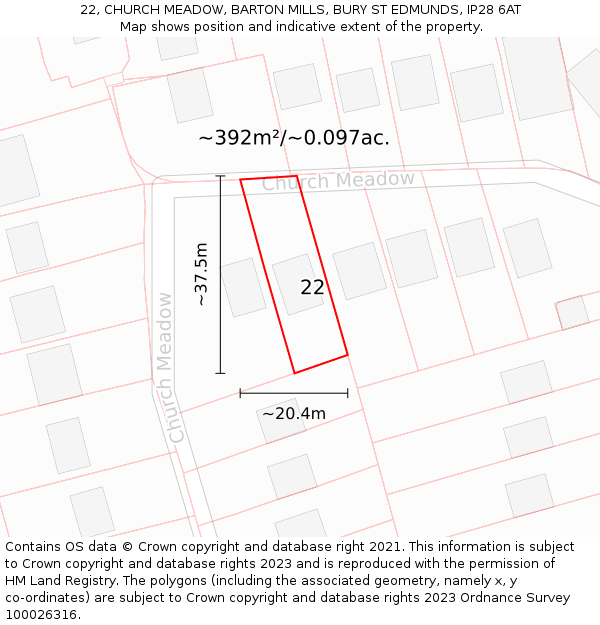 22, CHURCH MEADOW, BARTON MILLS, BURY ST EDMUNDS, IP28 6AT: Plot and title map