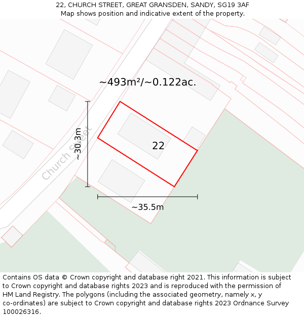 22, CHURCH STREET, GREAT GRANSDEN, SANDY, SG19 3AF: Plot and title map