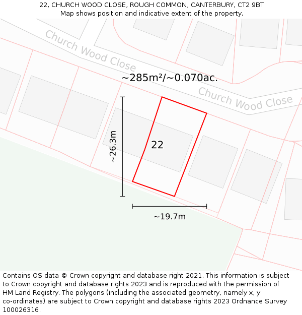 22, CHURCH WOOD CLOSE, ROUGH COMMON, CANTERBURY, CT2 9BT: Plot and title map