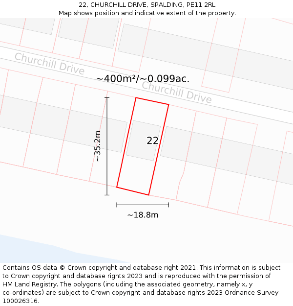 22, CHURCHILL DRIVE, SPALDING, PE11 2RL: Plot and title map