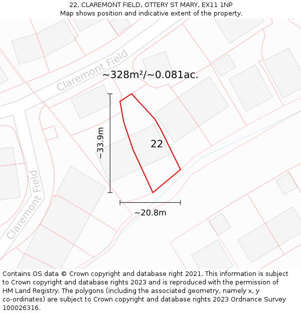 22, CLAREMONT FIELD, OTTERY ST MARY, EX11 1NP: Plot and title map
