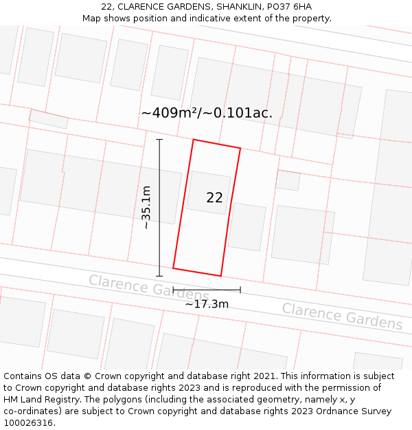 22, CLARENCE GARDENS, SHANKLIN, PO37 6HA: Plot and title map