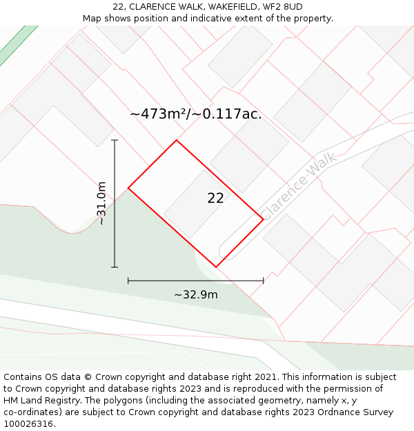 22, CLARENCE WALK, WAKEFIELD, WF2 8UD: Plot and title map