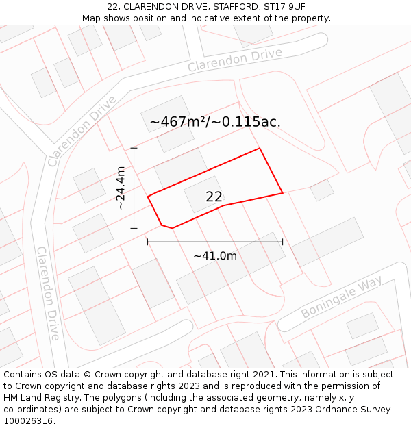 22, CLARENDON DRIVE, STAFFORD, ST17 9UF: Plot and title map