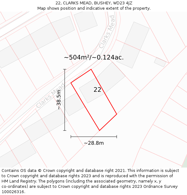 22, CLARKS MEAD, BUSHEY, WD23 4JZ: Plot and title map