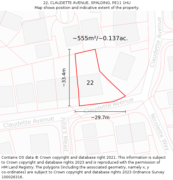 22, CLAUDETTE AVENUE, SPALDING, PE11 1HU: Plot and title map