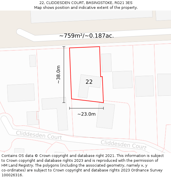 22, CLIDDESDEN COURT, BASINGSTOKE, RG21 3ES: Plot and title map