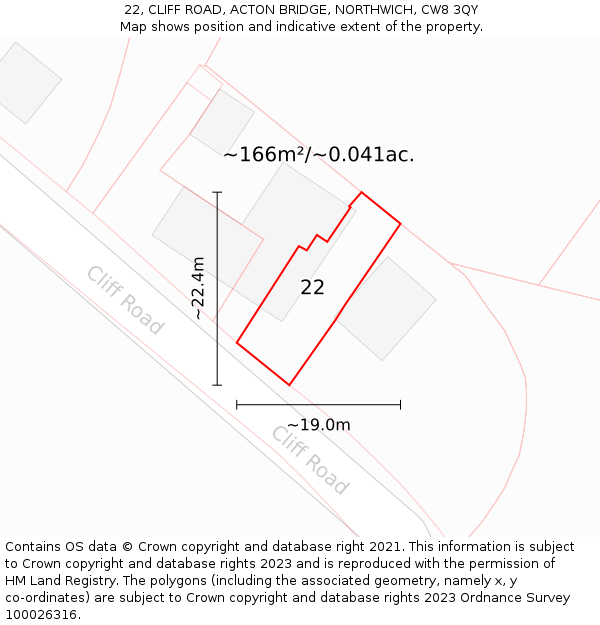 22, CLIFF ROAD, ACTON BRIDGE, NORTHWICH, CW8 3QY: Plot and title map