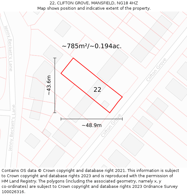 22, CLIFTON GROVE, MANSFIELD, NG18 4HZ: Plot and title map